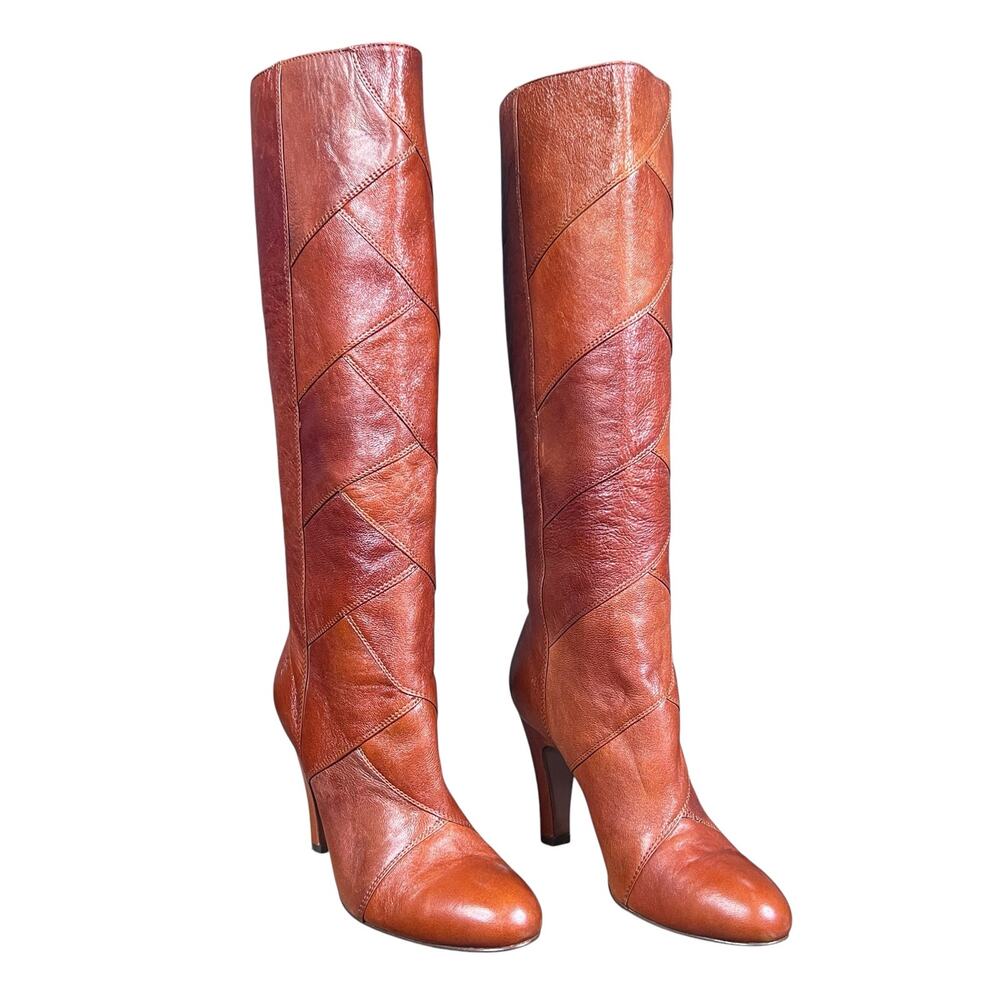 FRYE Ava Brown Leather Patchwork Knee High Riding Boot Size 7 - Picture 5 of 10